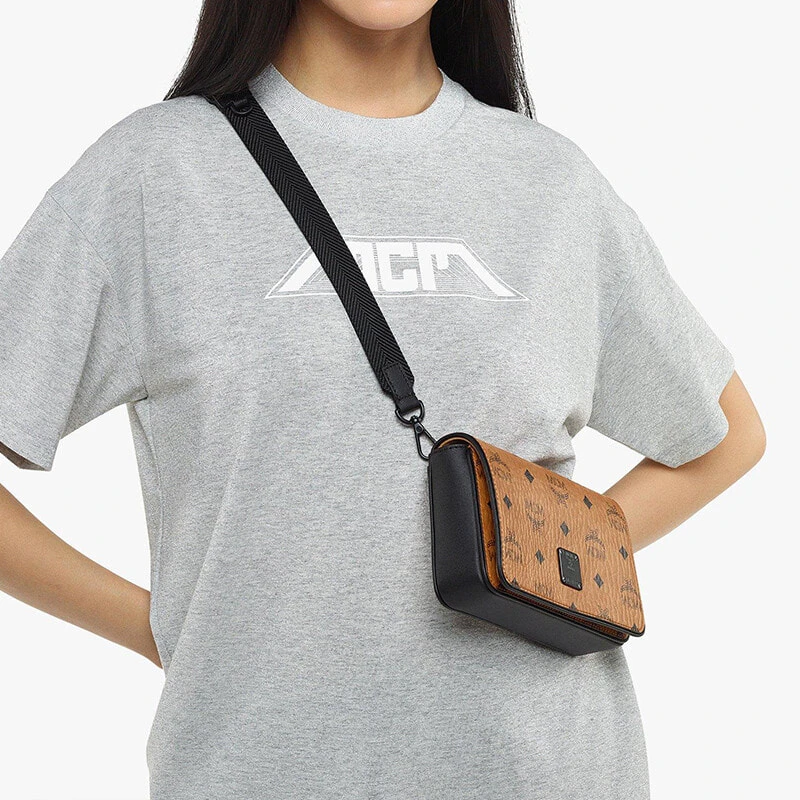 MCM Aren Coated Canvas Messenger Bag, Shoulder Bag, Crossbody Bag Small Unisex Brown Cognac