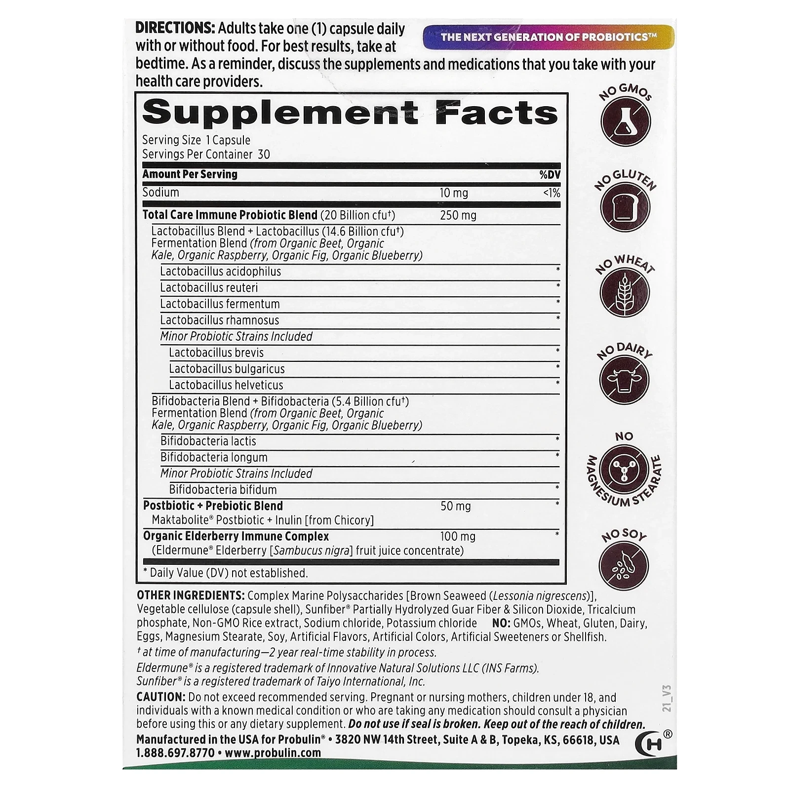 Total Care Immune Probiotic + Prebiotic & Postbiotic with Real Elderberry, 20 Billion CFU, 30 Capsules