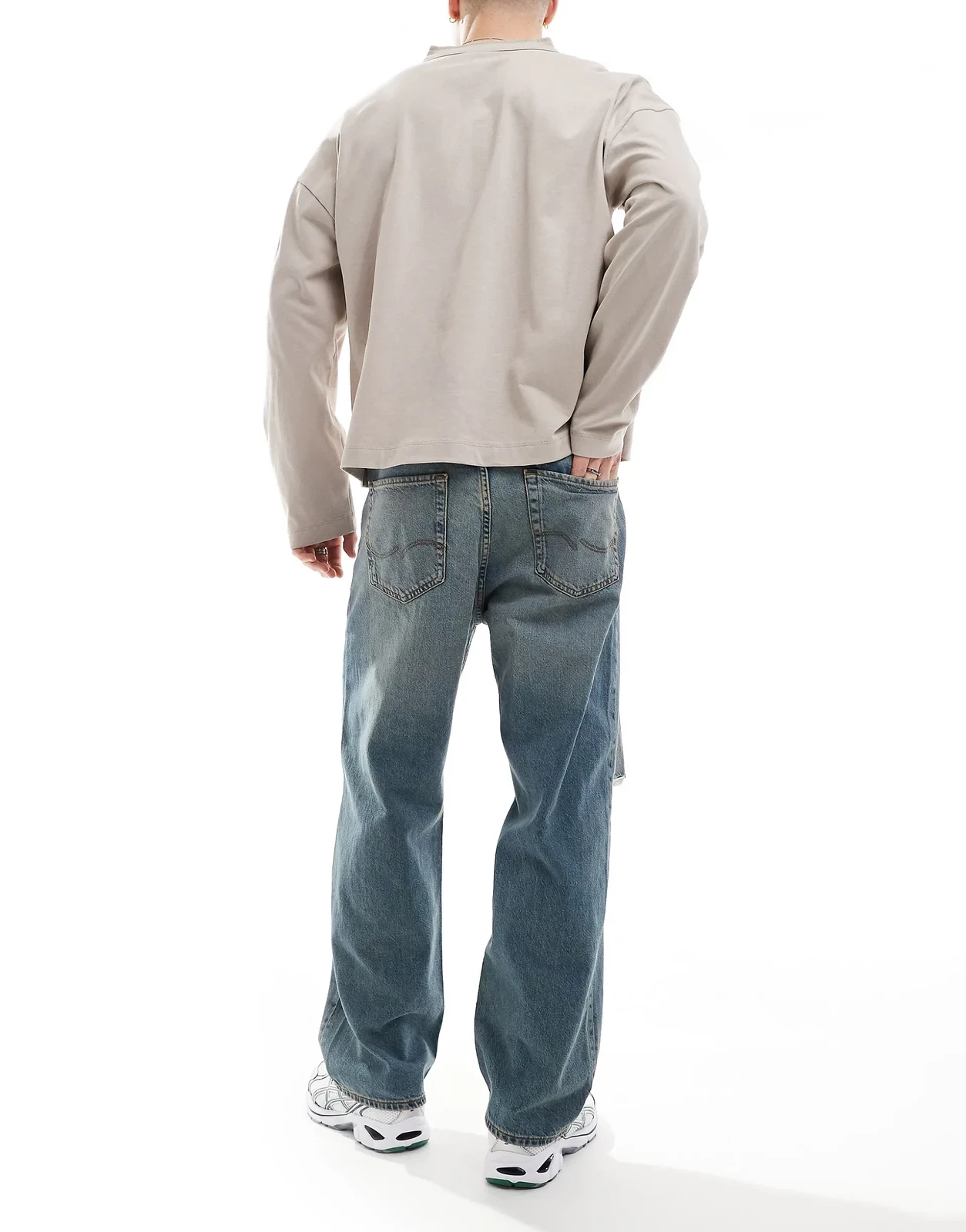 Jack & Jones Alex baggy fit jeans with knee rip in blue