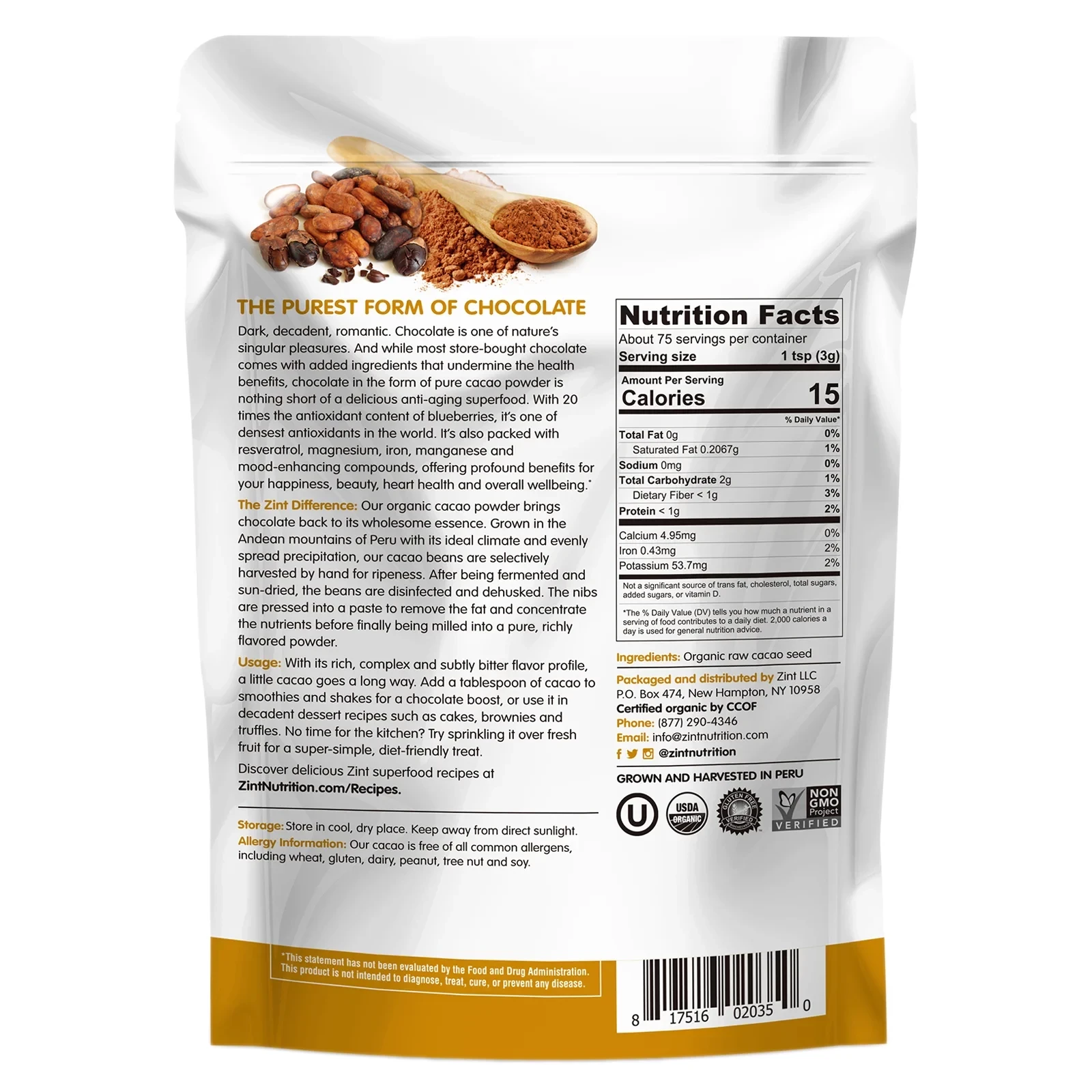 Pure Organic Cacao Powder, 16 oz (454 g)