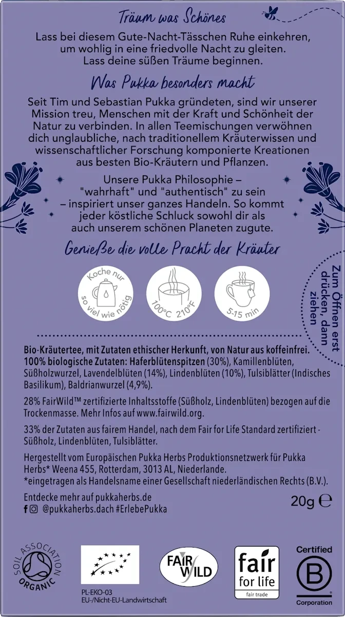 Kräutertee "Night Time" mit Kamille, Lavendel & Baldrian (20 Beutel), 20 g
