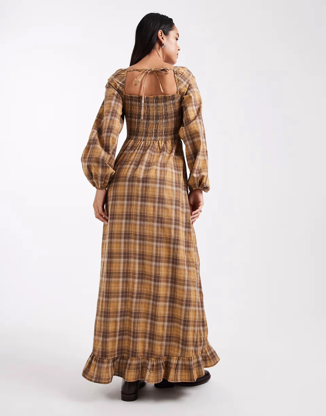 Daisy Street – Maxikleid in Senfbraun kariert mit Puffärmeln und gerafftem Oberteil