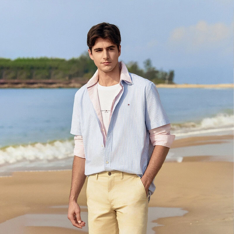Tommy Hilfiger Shirt Men's Light Blue White Stripes