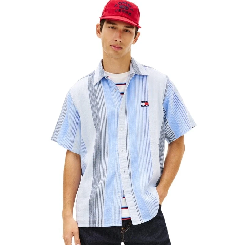 Tommy Hilfiger Shirts Men's Light Blue Gray Stripes C3Q Lapel Moderate Shirt