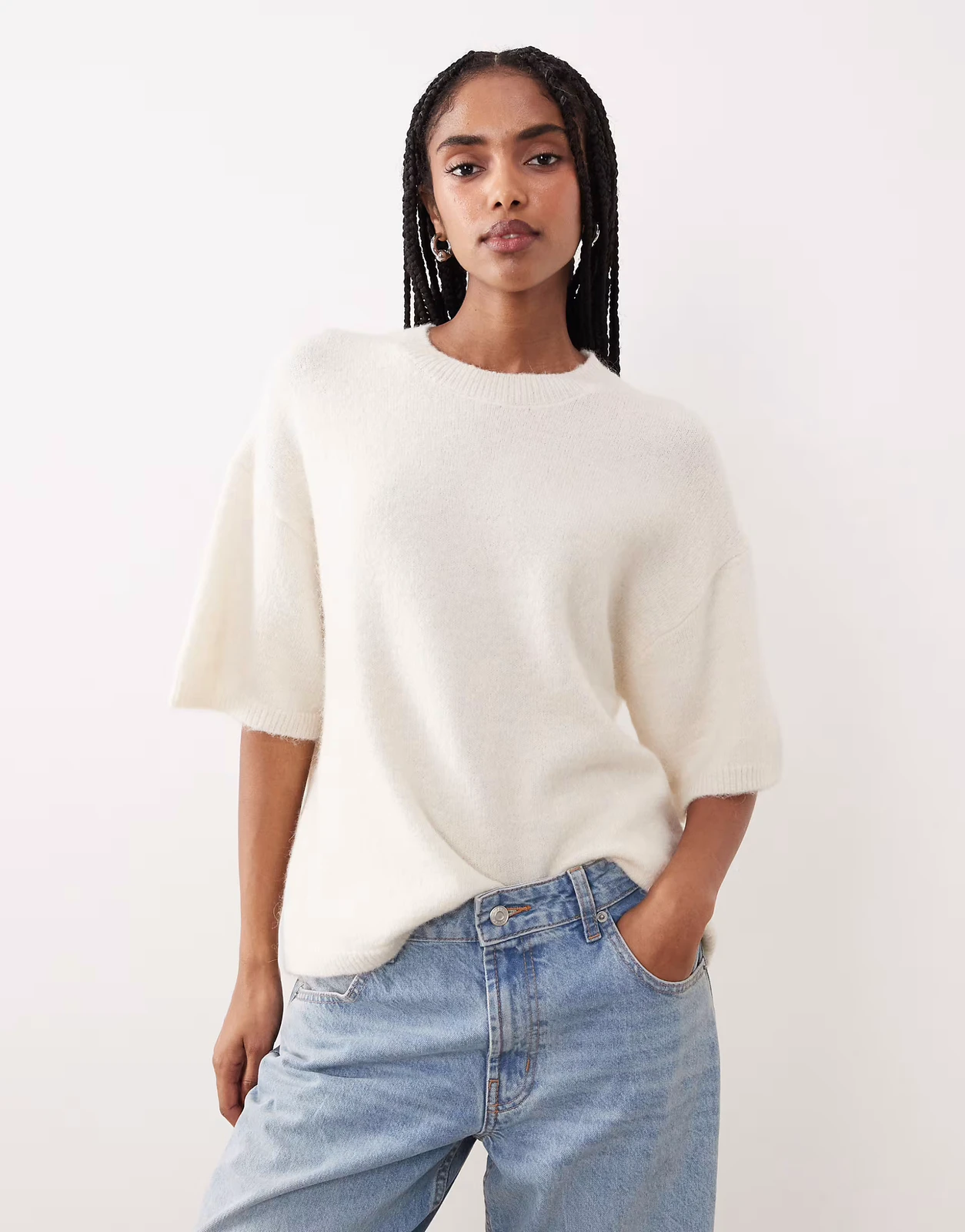 Gina Tricot relaxed fit knit wool alpaca short sleeve top in gray melange