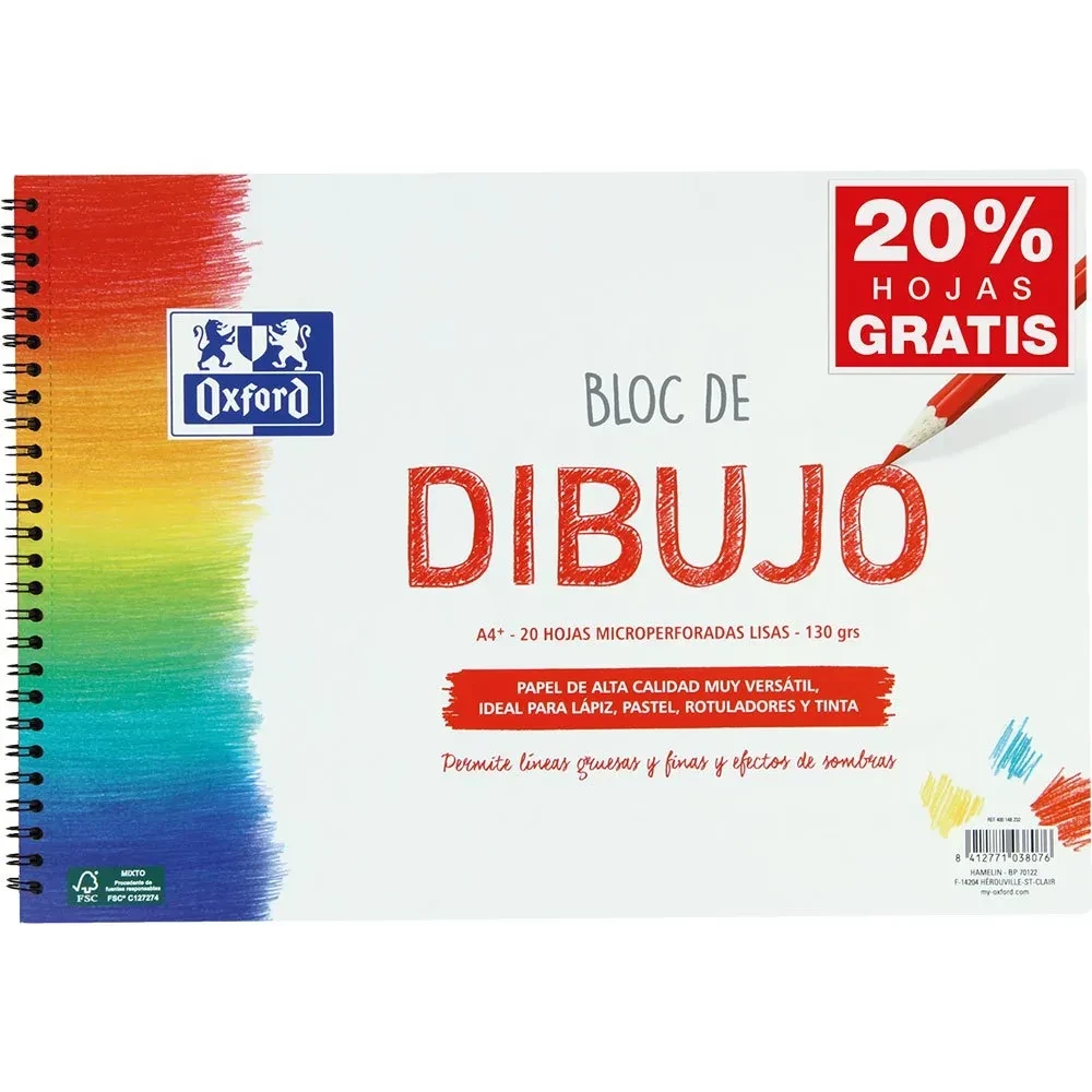 OXFORD HAMELIN Schulzeichenblock A4+ 20 Blatt Glattes Papier Mikroperforiert Weicher Einband Doppelspirale 130Gr