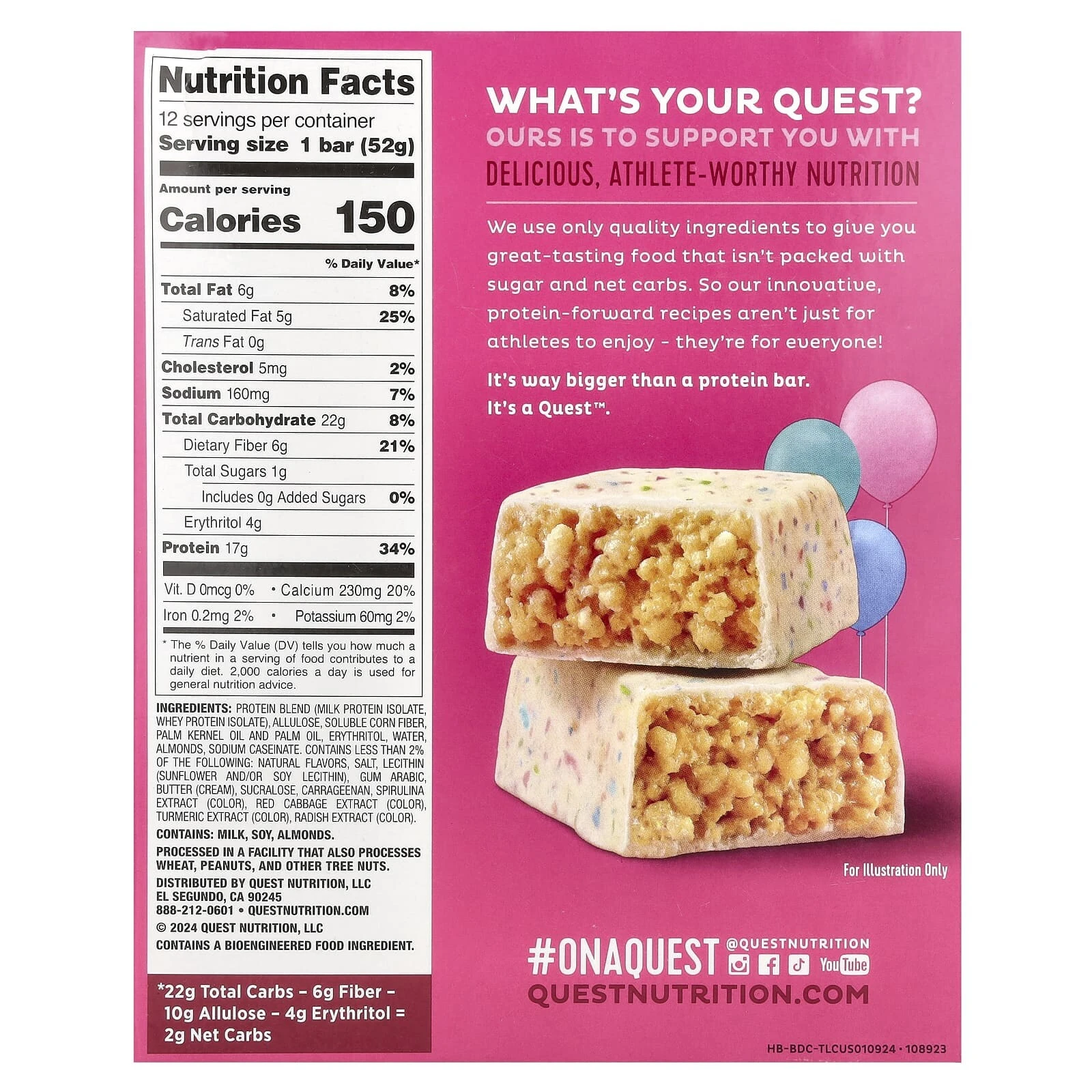 Hero Protein Bar, Crispy, Birthday Cake, 12 Bars, 1.83 oz (52 g) Each