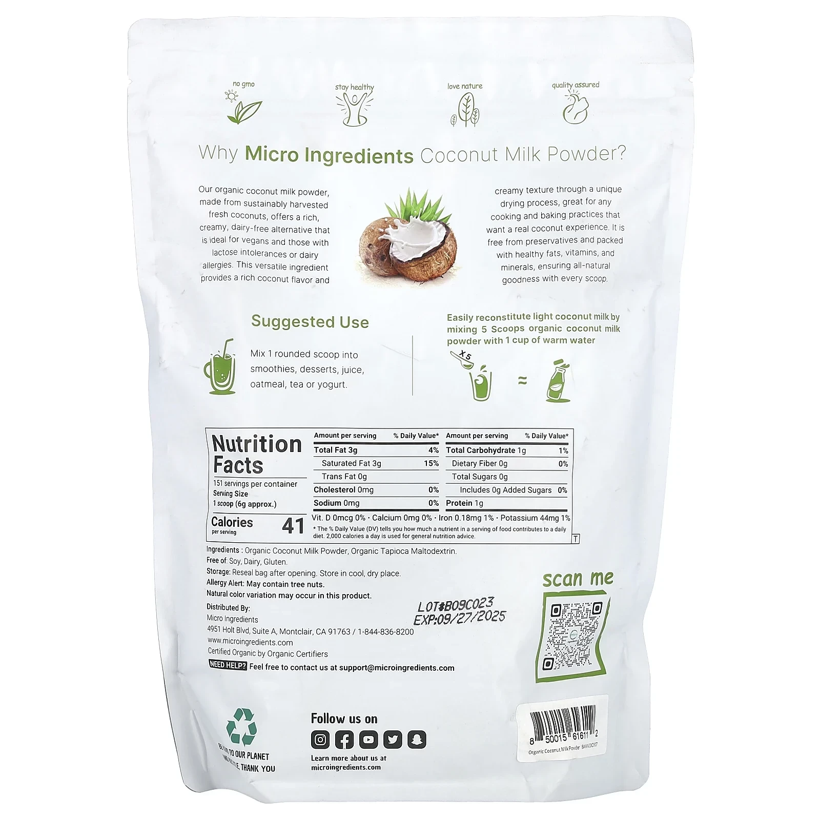 Organic Coconut Milk Powder, 2 lb (907 g)