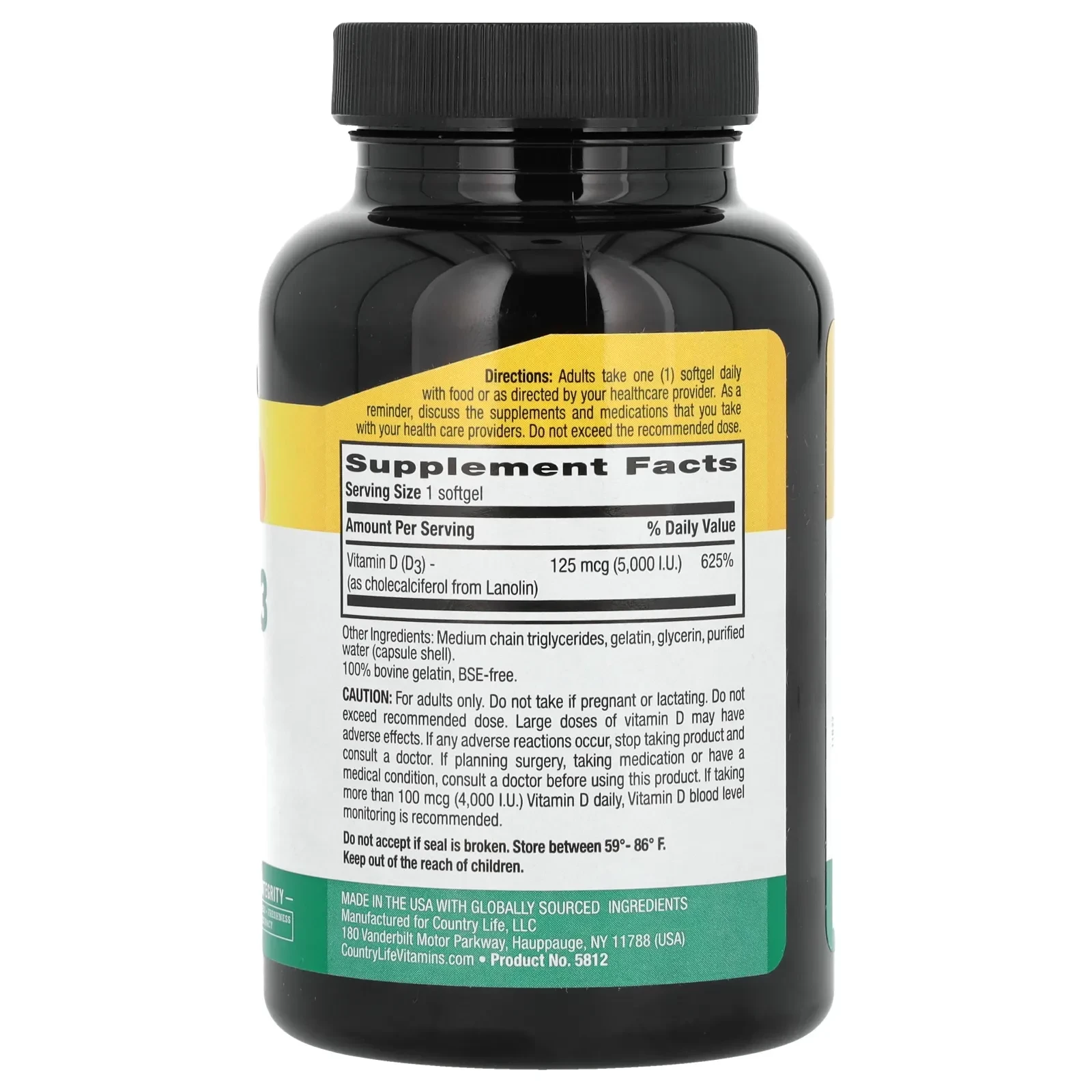 Vitamin D3, 62.5 mcg (2,500 IU), 60 Softgels