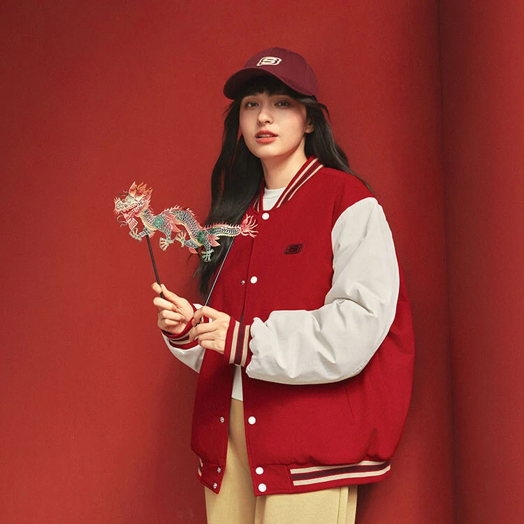 Skechers New Year Collection Sports Lifestyle Collection Baseball Jacket Unisex Berry Red