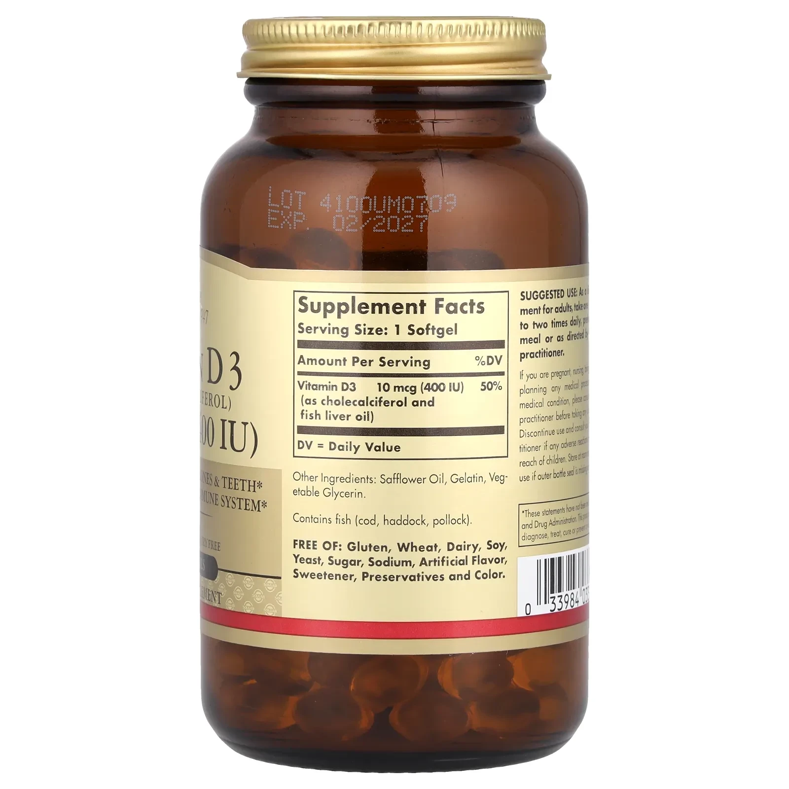 Vitamin D3 (Cholecalciferol), 10 mcg (400 IU), 100 Softgels