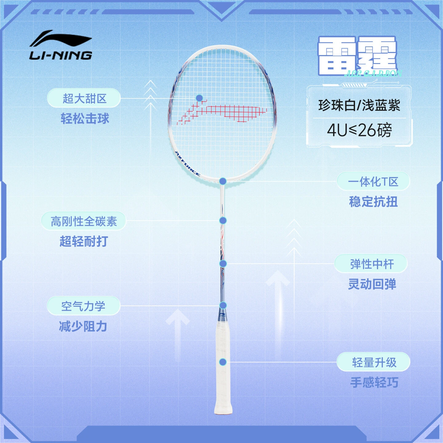 LiNing Thunder 9 Carbon Aluminum Badminton Rackets Offensive Type Heavy Head, Stiff Shaft Entry level 665mm Strung
