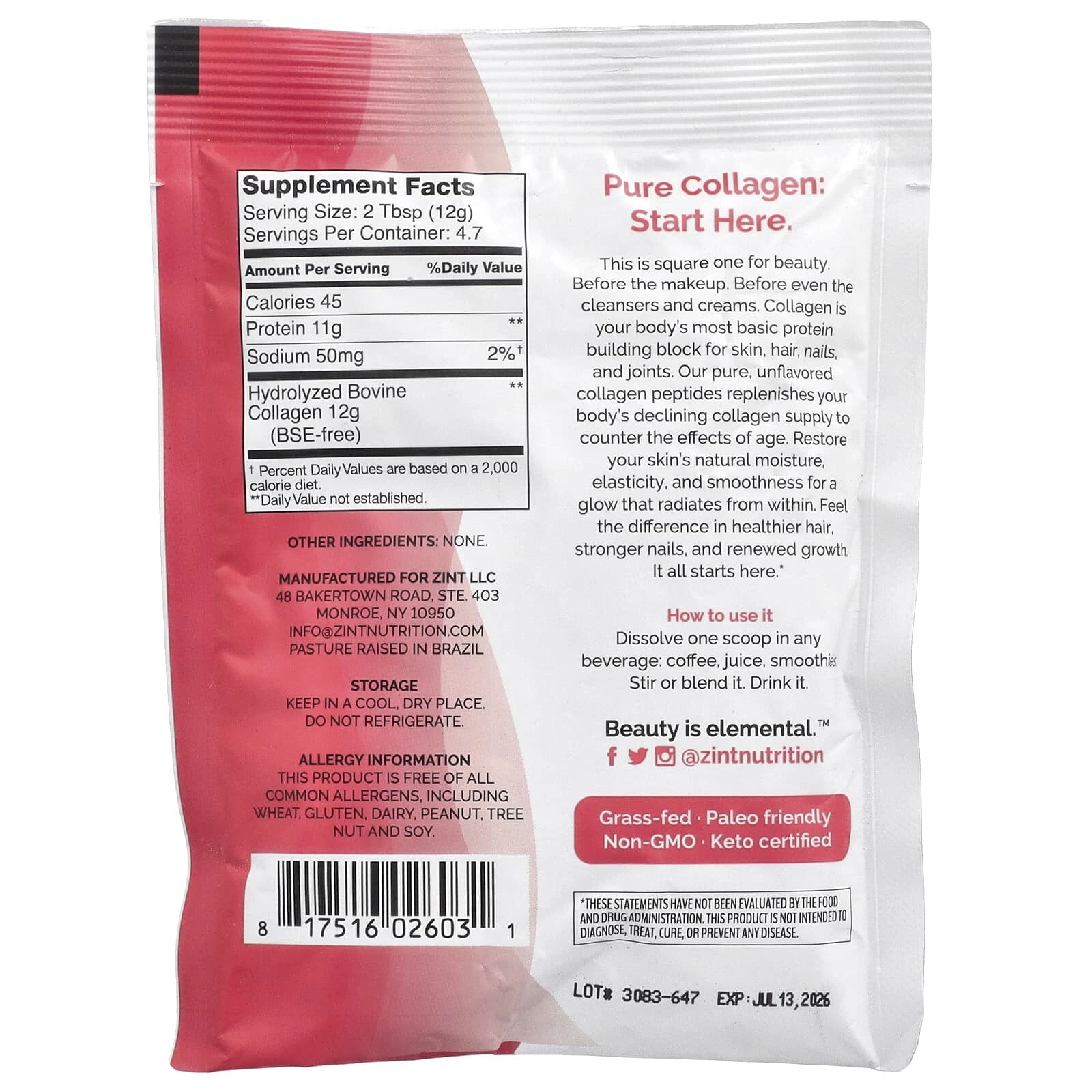 Pure Grass-Fed Collagen Peptides, Unflavored, 2 oz (56.6 g)