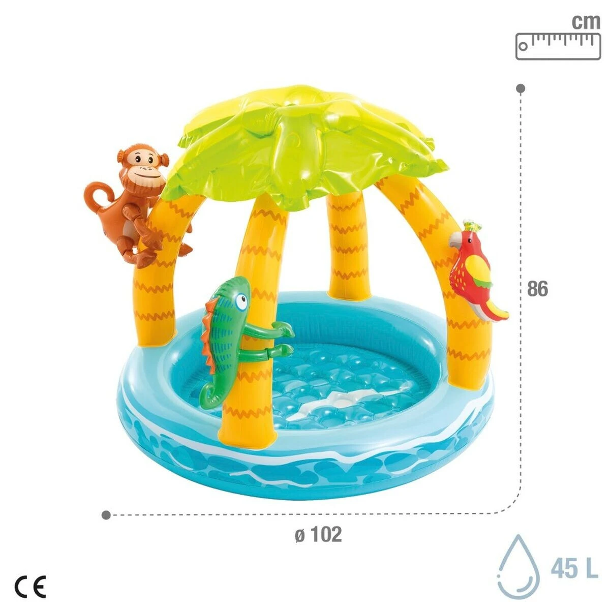 INTEX Tropischer aufblasbarer Pool mit Sonnensegel gepolstertem Boden und aufblasbaren Tieren 102 cm