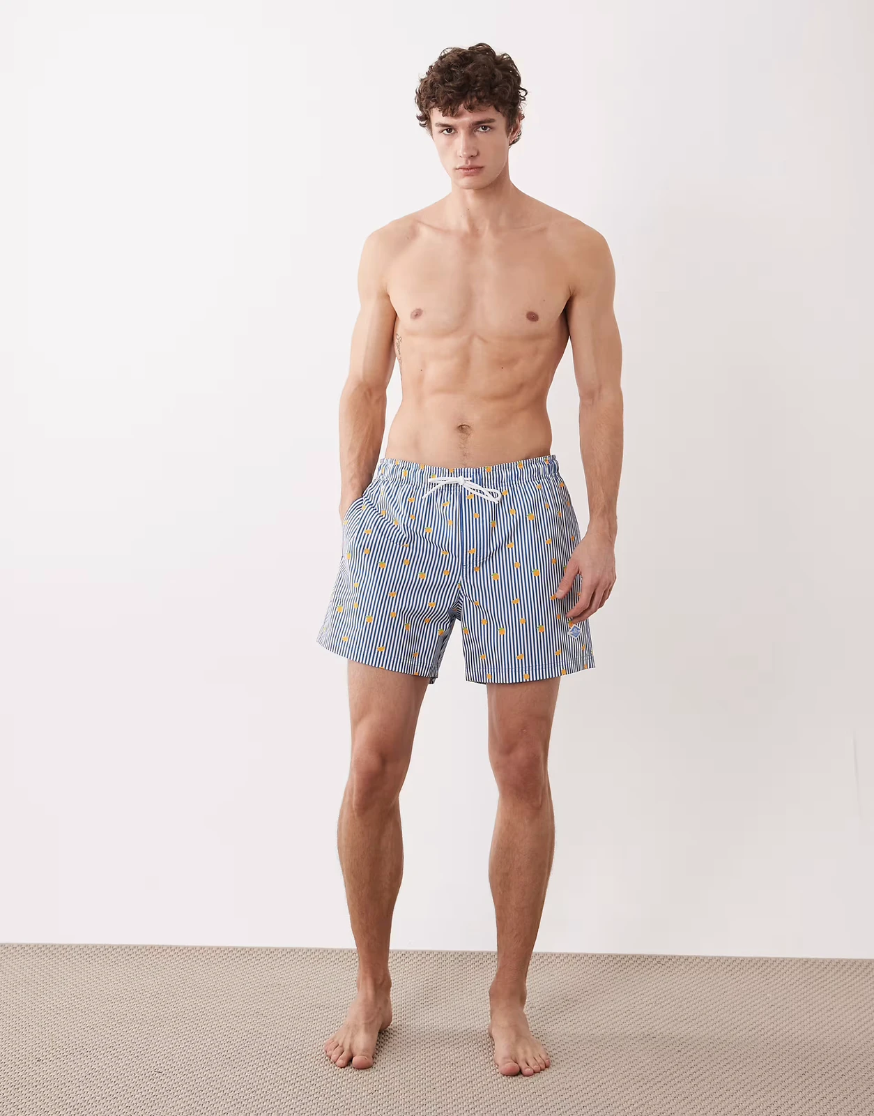 Jack & Jones lemon print swim shorts in blue stripe